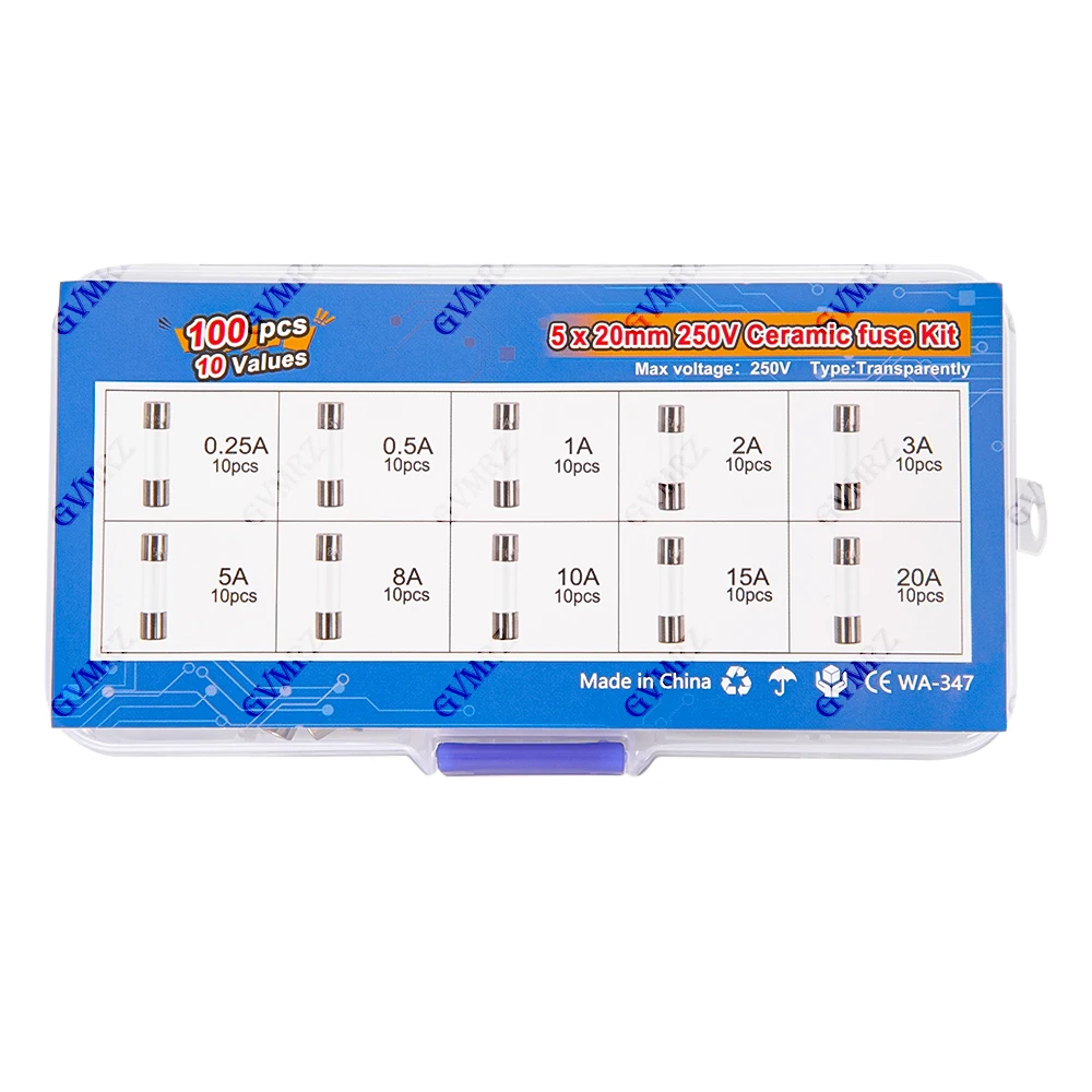 100 Stück 5x20mm Schnellverschmelzende Glasrohr-Sicherungen Sortiertes Set Ampere 0,25A 0,5A 5A 8A 10A 15A 20A 250V mit Aufbewahrungsbox 1A 2A 3A – Detail 4