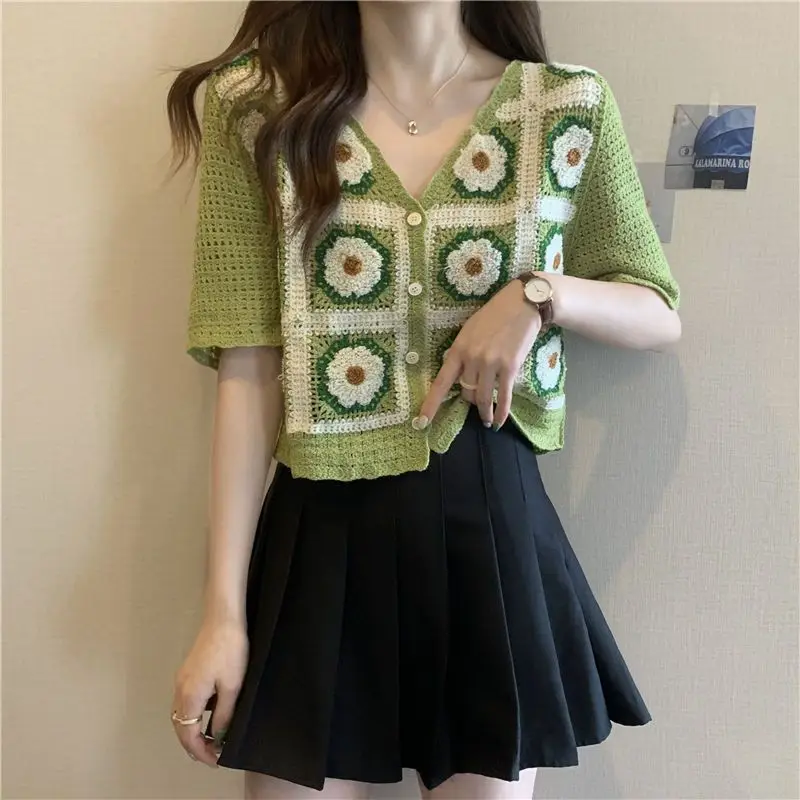 Women Vintage Kawaii Sweet Hollow Crochet Flower Chic Y2K Tops Summer Female Short Sleeve Slim Single Breasted Knitted Cardigans