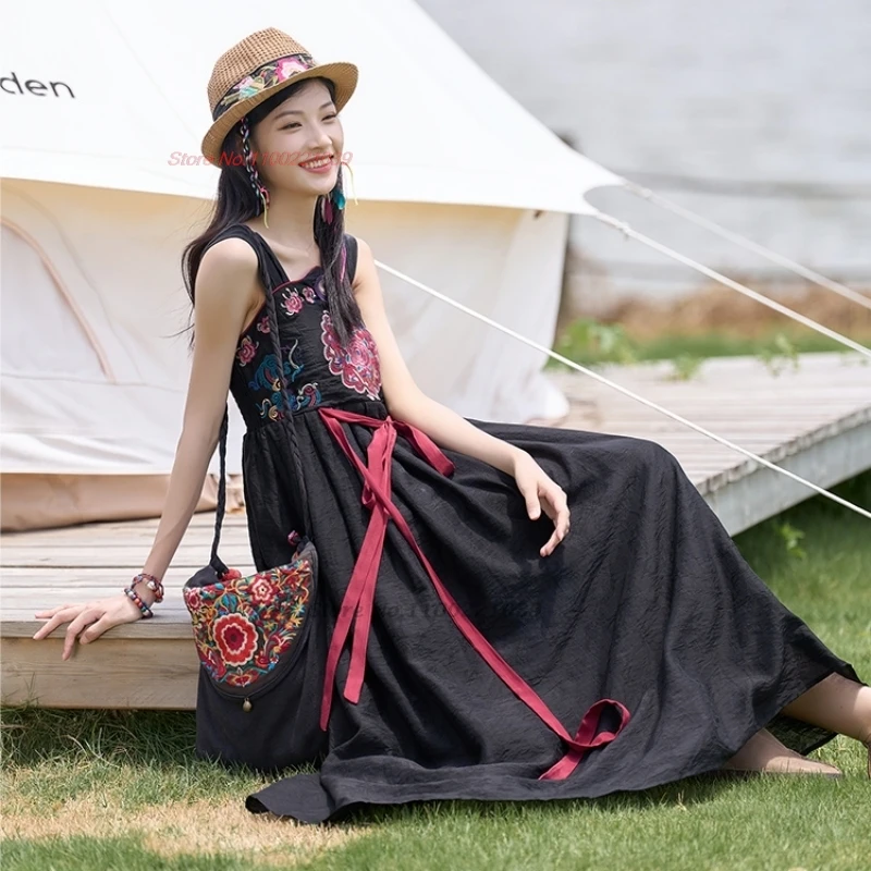 Vestido vintage oriental 2024, vestido tradicional étnico hanfu, vestido acampanado con bordado de flores nacionales, vestido de princesa sin mangas