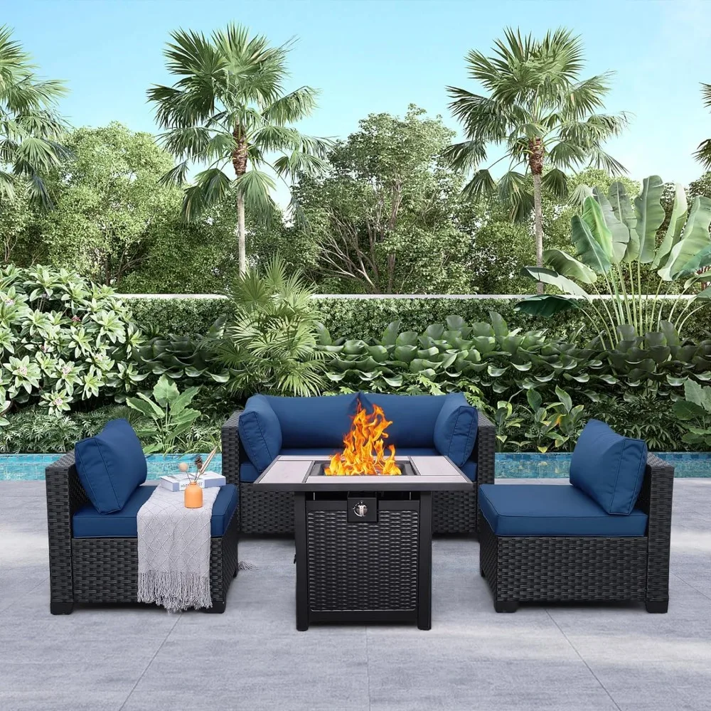 Outdoor Patio PE Wicker 5 Piece Furniture Set, Black Rattan Sectional Conversation Sofa Chair with Square Propane Fire Pit Table