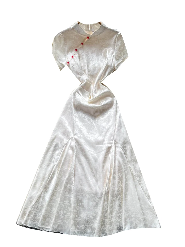 新しい中国風半袖ウエスト締めシルクサテンチャイナドレスハイウエスト A ライン夏通勤ファッションレトロな襟