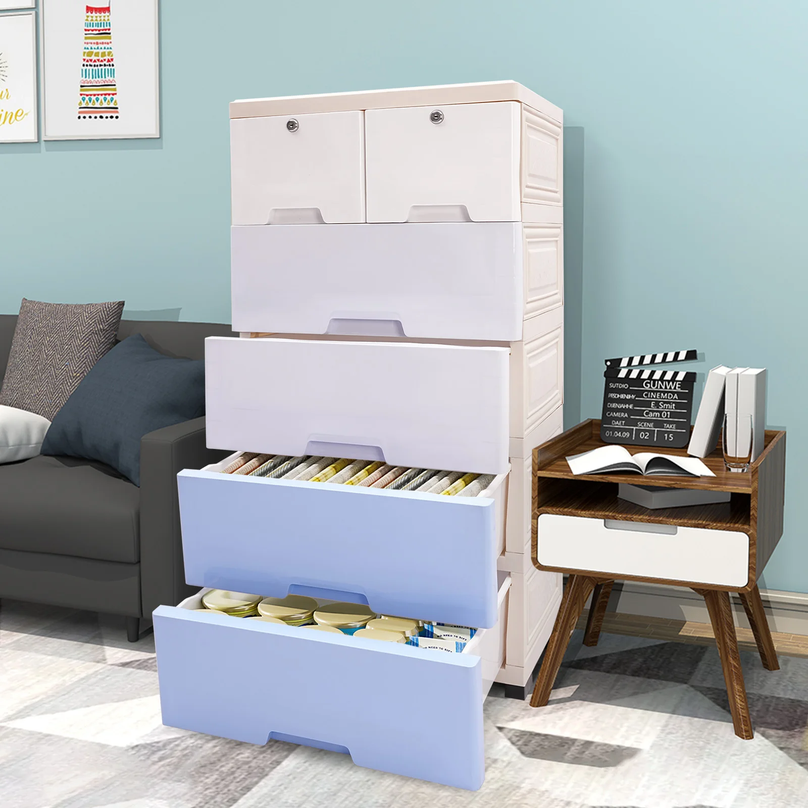 

50*35*102cm PP Gradient Blue Storage Cabinet 5-storey Storage Box with 6 Drawers Large Capacity Locker