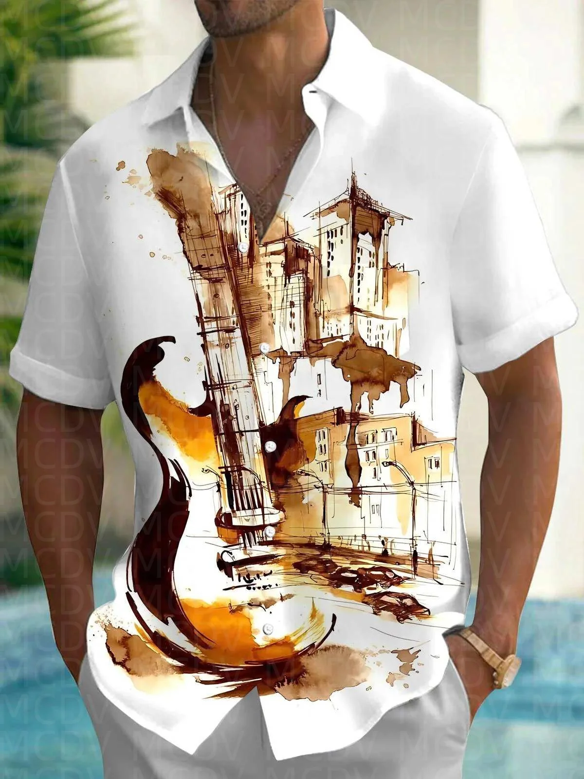 Guitar Pattern Men's Hawaiian Shirt Stretch Easy Care Camp Shirt Big Tall