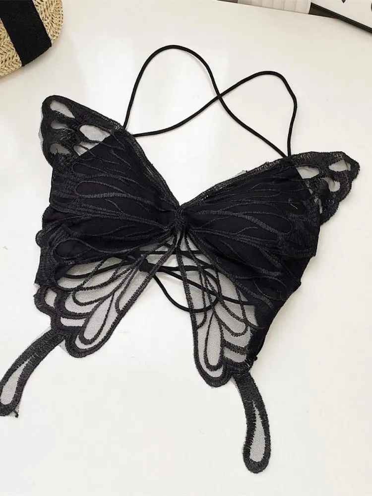 

Women Black Sleeveless Butterfly Slim Sexy Club Backless Short Tops Summer White Large Size Holiday Halter Lace-up Vest Clothing