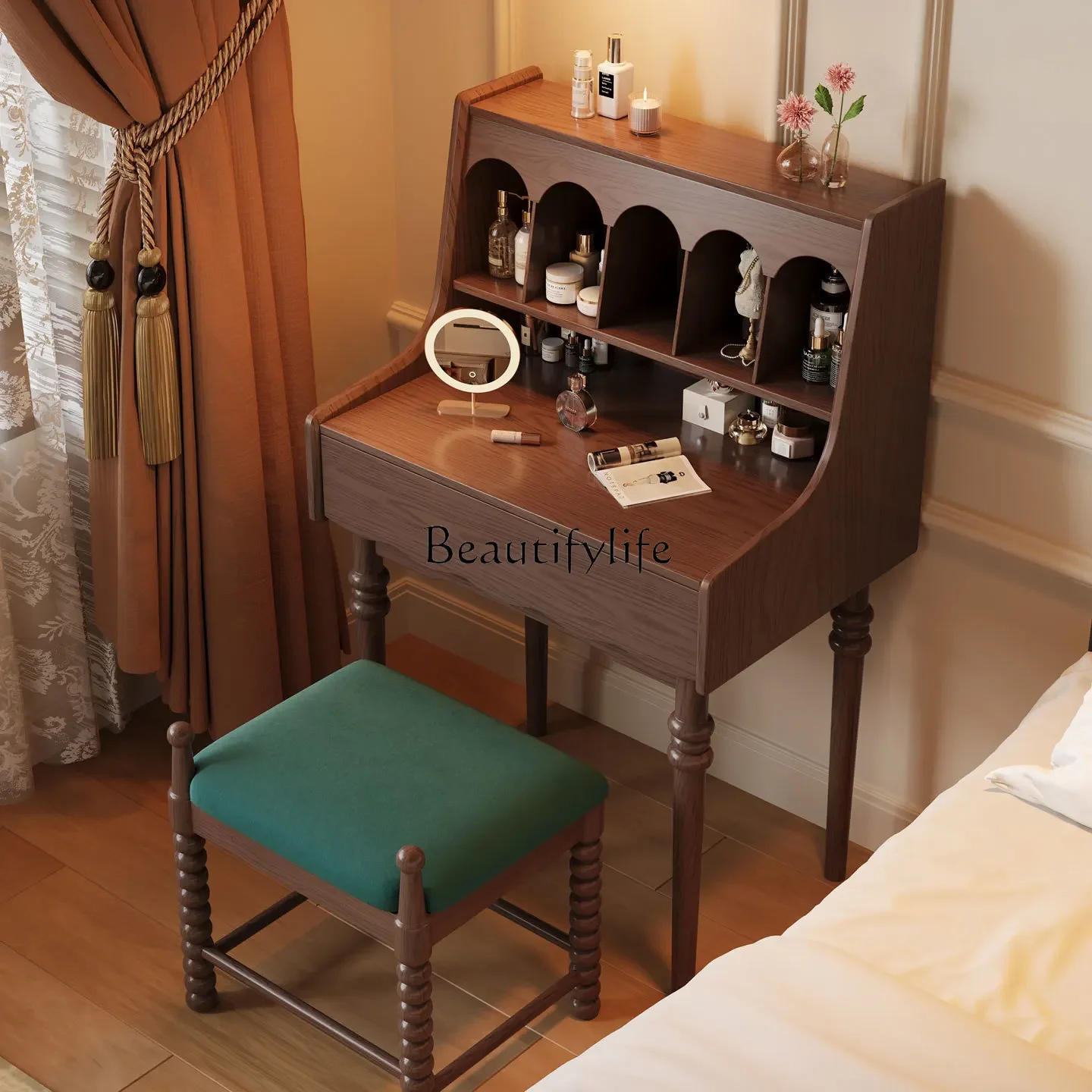 

ls 18American Retro Solid Wood Dressing Table Vintage Style Makeup Table French Extendable Makeup Table