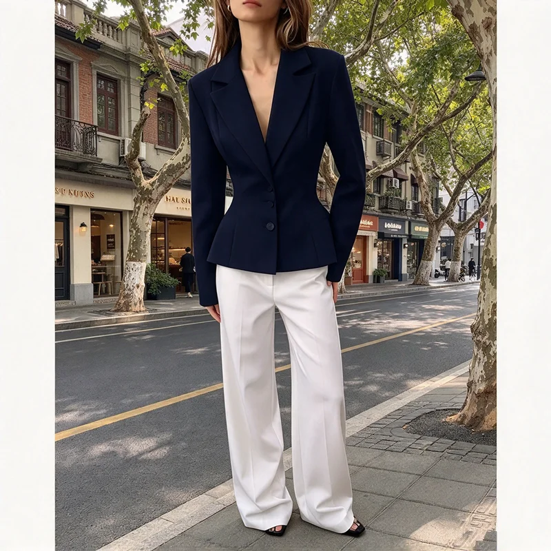 Elegant Women Autumn Winter Peplum Blazer Jacket, Notched Long Sleeve Button Coat, Slim Formal Office Solid Suit Outerwear