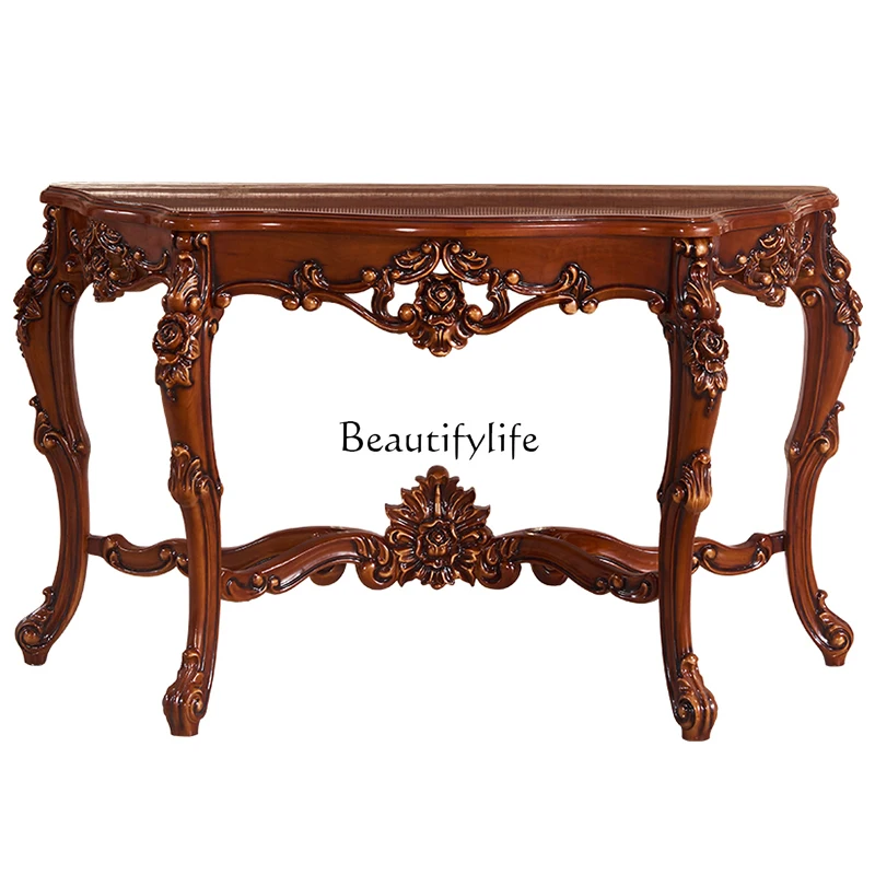 

European solid wood entrance platform, solid wood carving flower drawing gold and silver entrance table foyer decoration