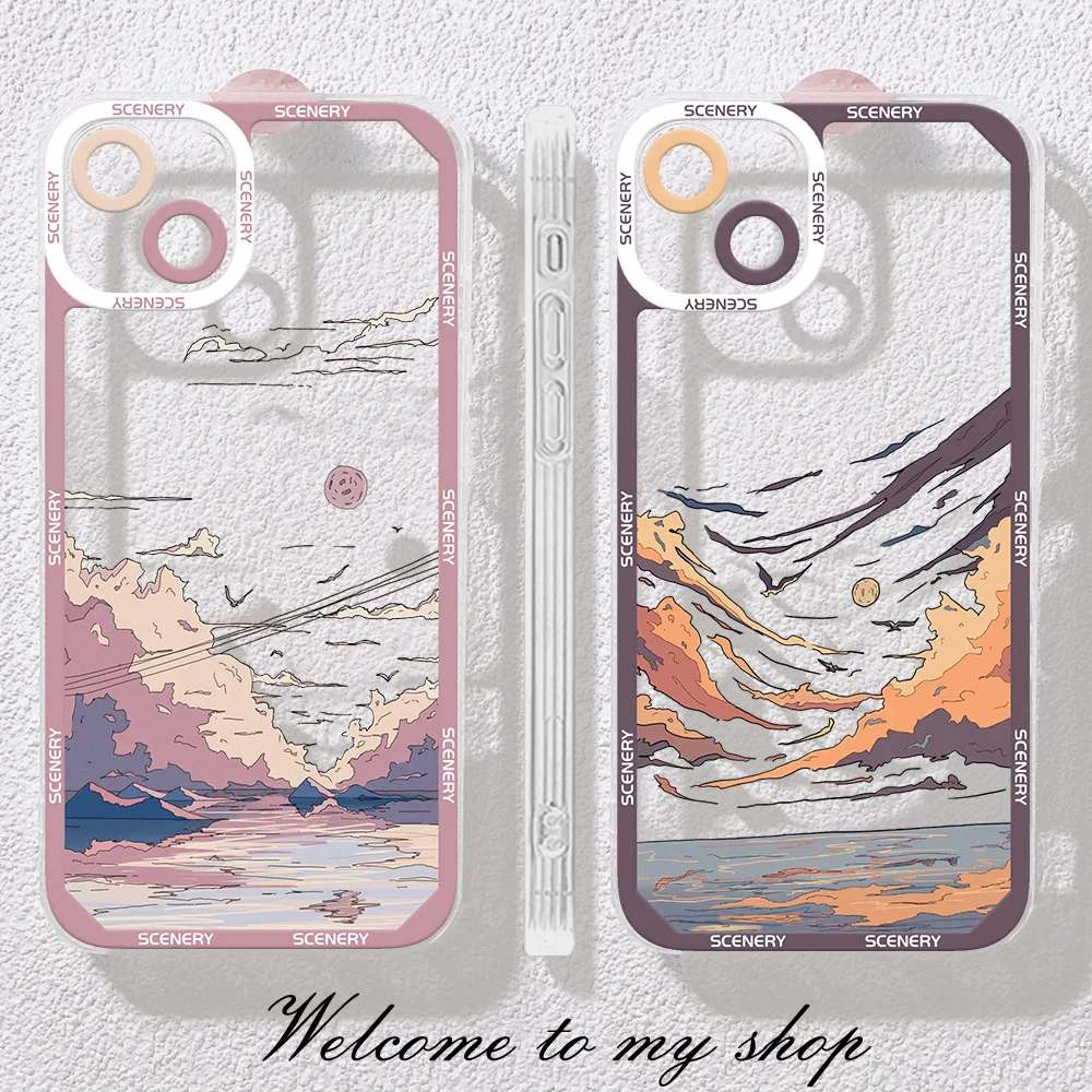 Anime Landschap Zonsondergang Telefoonhoesje Voor Iphone 14 13 12 11 15 Pro Max Xs X Xr Se 2020 7 8 Plus Doorzichtige Landschap Cover Iphone11 Capa