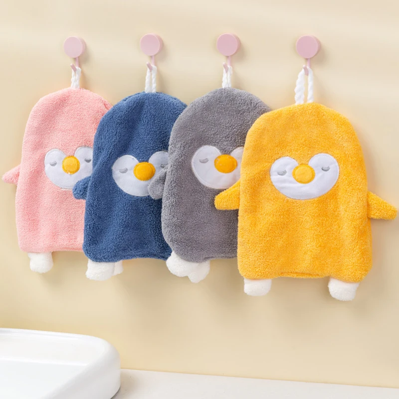 

Bathroom Cartoon Hand Towels Coral Velvet Super Absorbent Penguin Microfiber Towel Children Hanging Towel Soft Kids Hand Towels