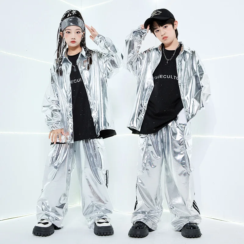 Boys Hip Hop Cool Silver Jacket Street Dance Pants Girls K-pop Clothes Sets Group Fashion Loose Jazz Shiny Streetwear Costume