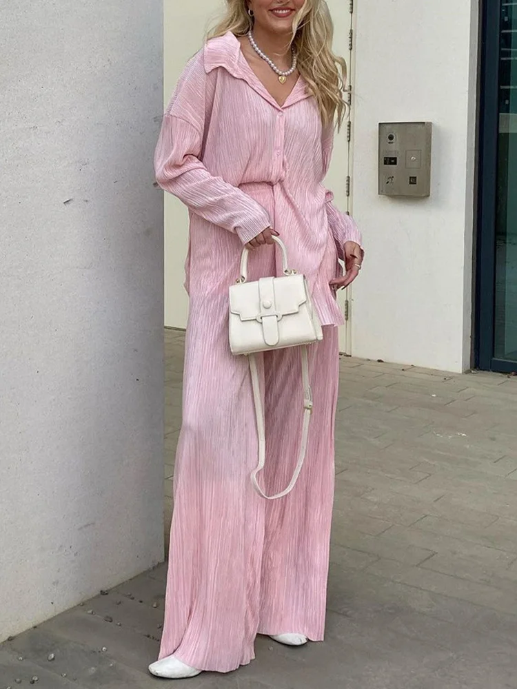 

Women Spring Pleated Loose Outfits Fashion Straight Baggy Solid Pants Street Long Sleeve Slim Office Button Shirts Summer Sets