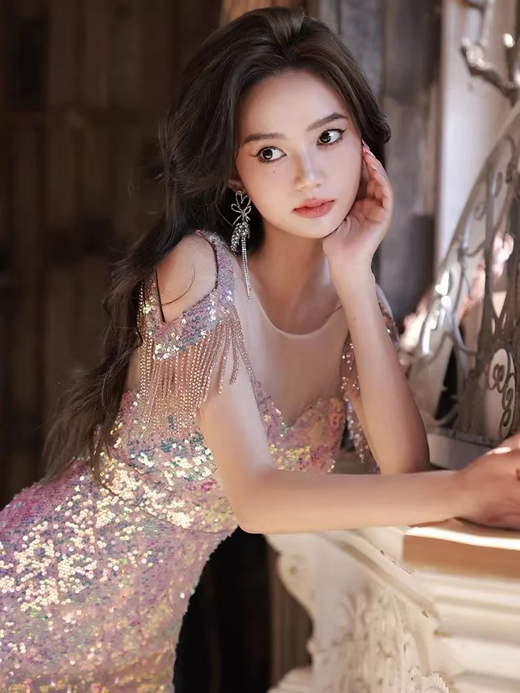 

Light Luxury Off Shoulder Mermaid Evening Dresses O-Neck Shiny Sequins Tassel Short Sleeves Floor-Length Formal Party Prom Gowns