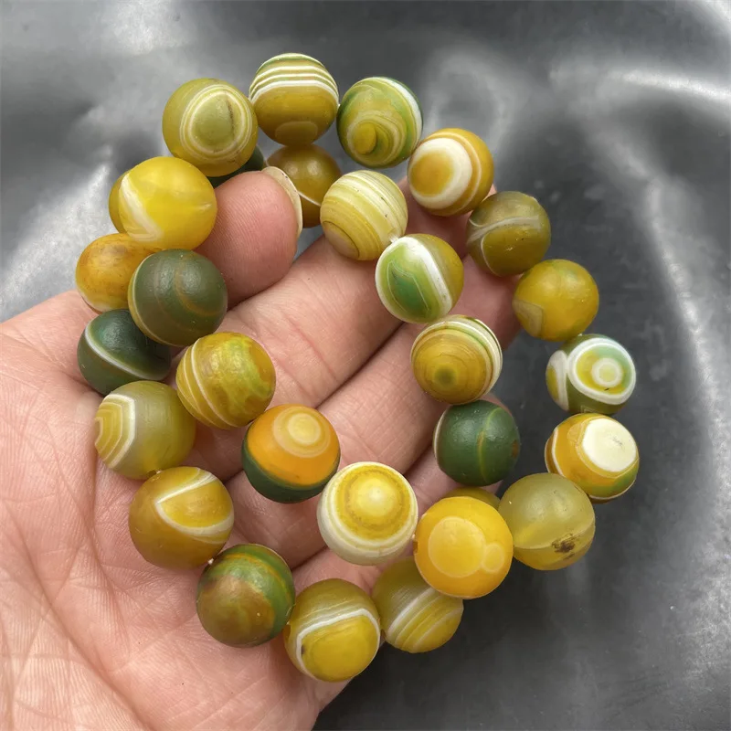 14mm Matte Yellow Green Flower Ball Old Agate Bracelet 2