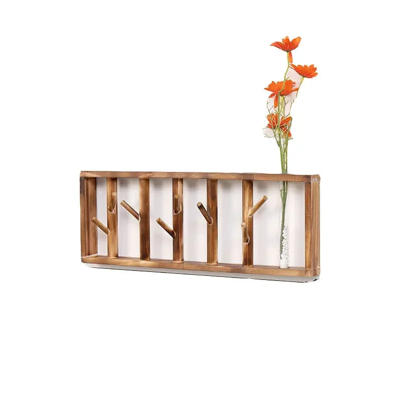 Retro Nordic Solid Wood Coat Rack with Flower Vase Hat Clothes Wall Hanger Shelves for Living Room Hallway Furniture Corridor