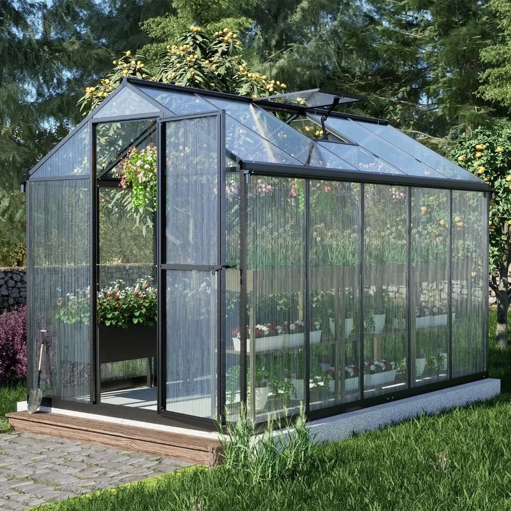 

6' x 10' Walk-in Polycarbonate Greenhouse with Heavy-Duty Aluminum Frame, 2 Vent Windows & Lockable Door for Outdoor, Patio