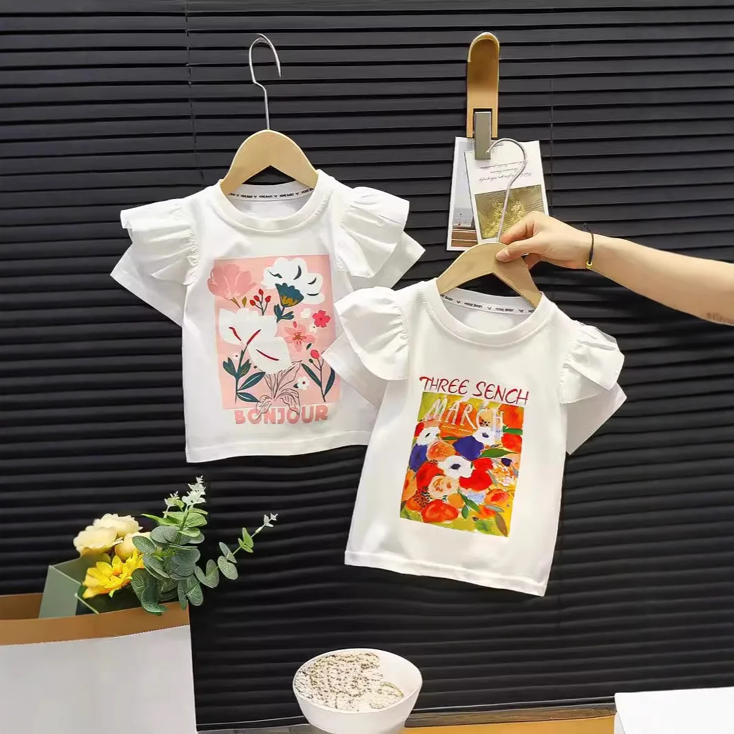 Korean Style Summer T-Shirt Girls Short Sleeve Top Pullover Baby Clothes Trendy Undershirt Kids Clothes Girls