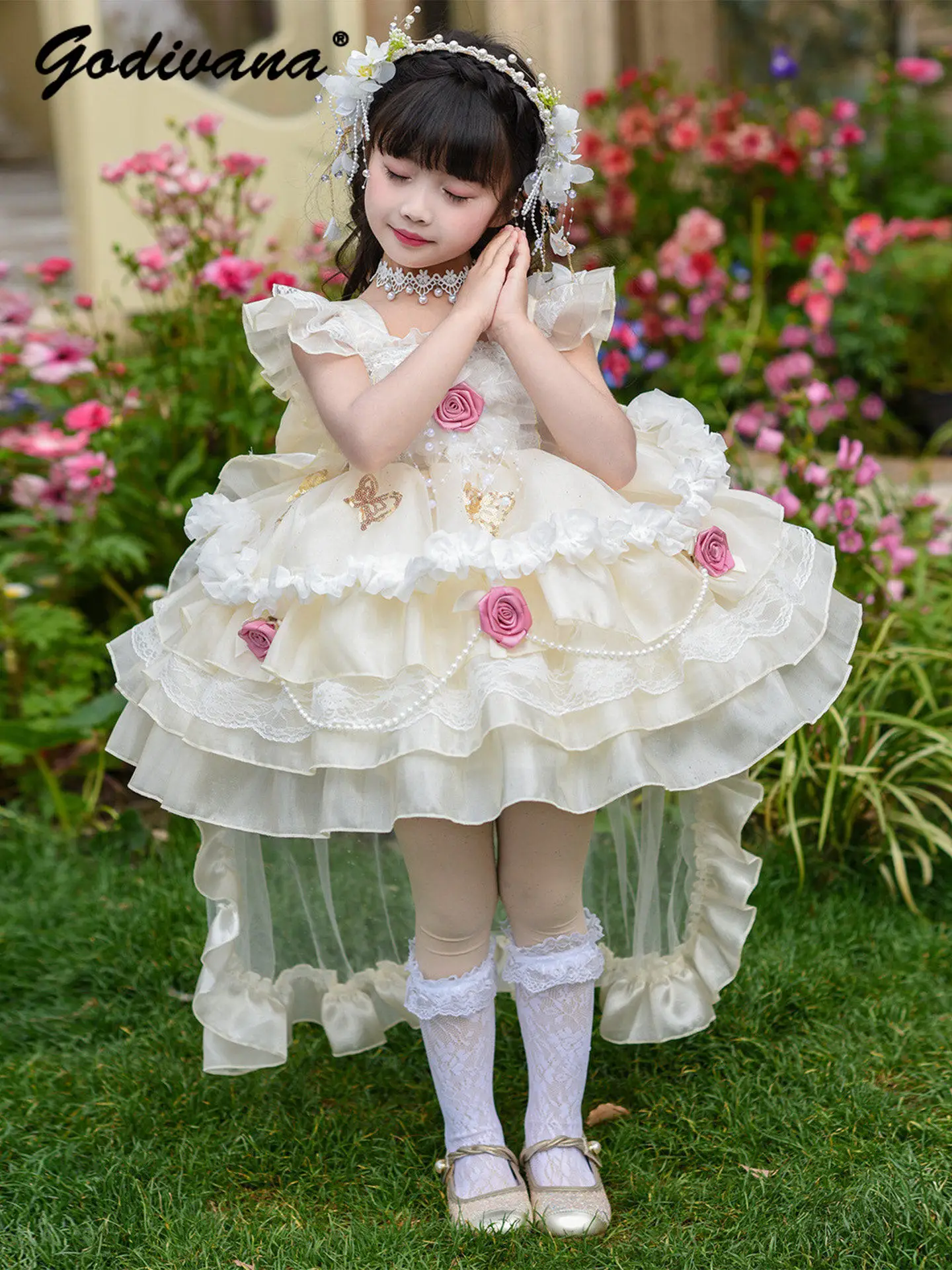 Baby Girls Princess Lolita Dress Kids 2026 New Summer Heavy 3D Floral Feifei Sleeve Lace Trim Pearl Bow Train Tutu Birthday Gown