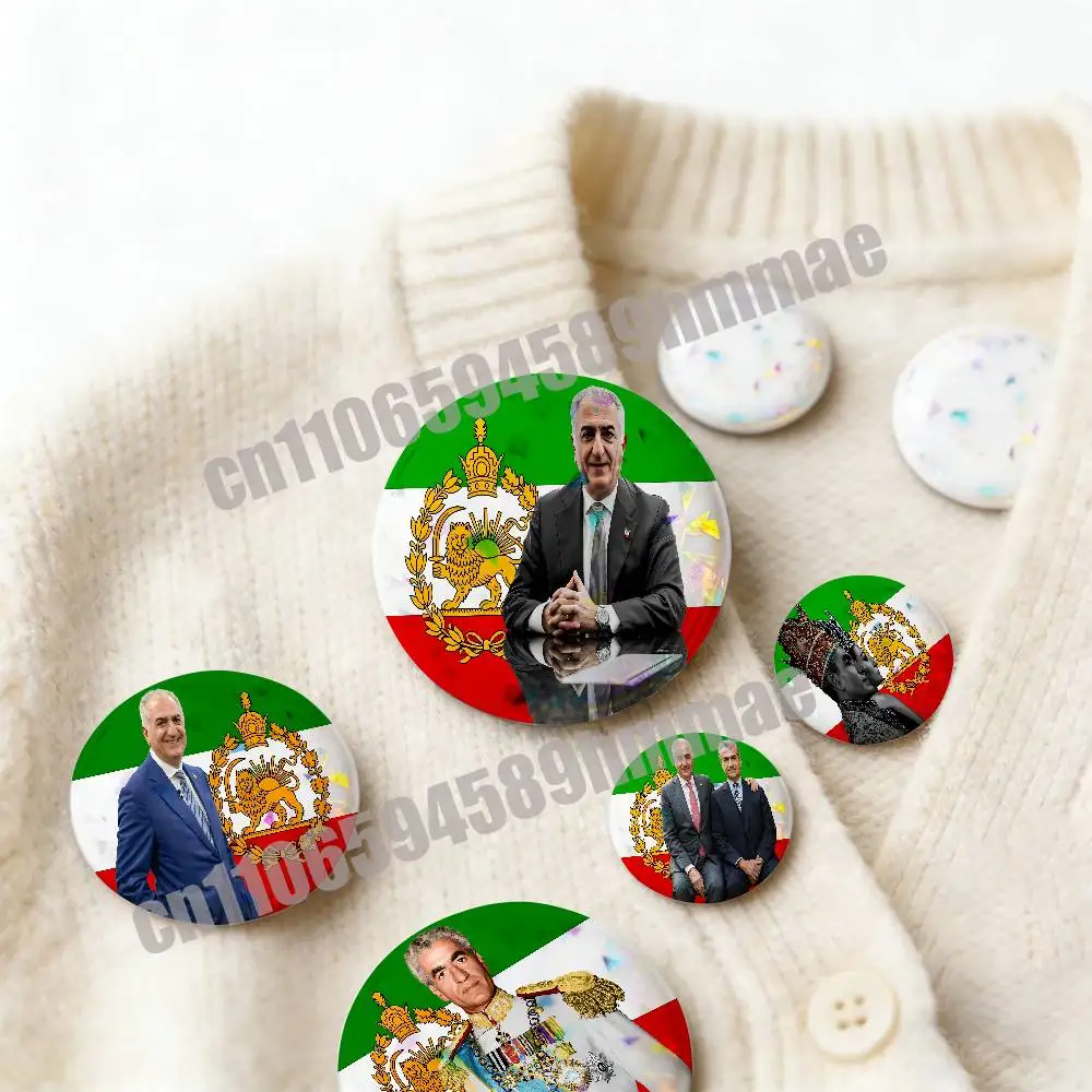 For King Mohammad Reza Shah Pahlavi Iran Flag Round Pins Insignia Badge Cover Ornament 75mm Cosplay Brooch Button