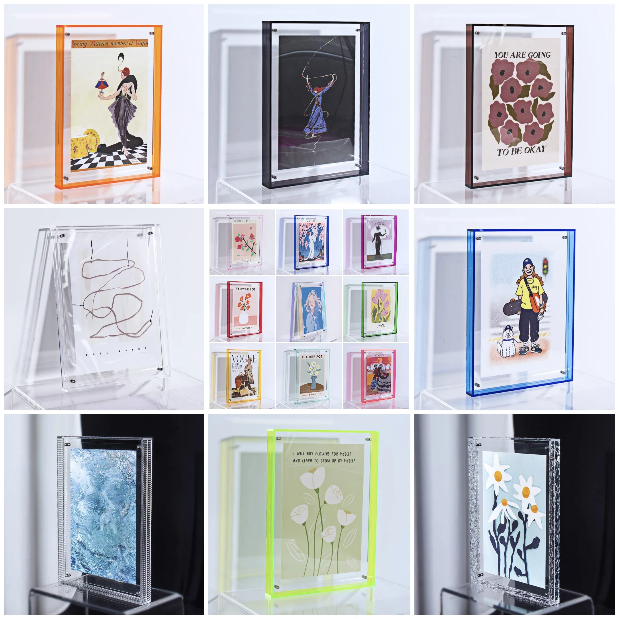 Wall Hanging Translucent Acrylic Frame, Desktop Decoration, 17 Colors Hollow Acrylic Photo Frame for Photos and Paintings