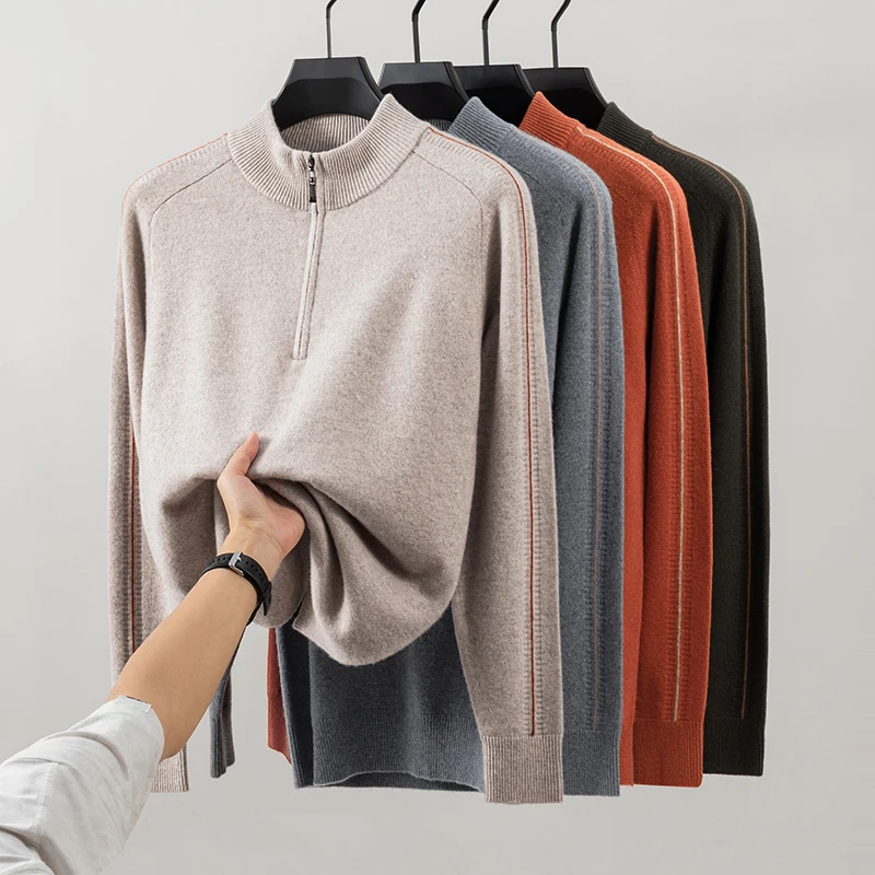 

Роскошная мужская одежда из козьего кашемира, осенне-зимний модный свитер из овечьей шерсти, теплые вязаные топы на молнии с длинными рукавами, пуловеры