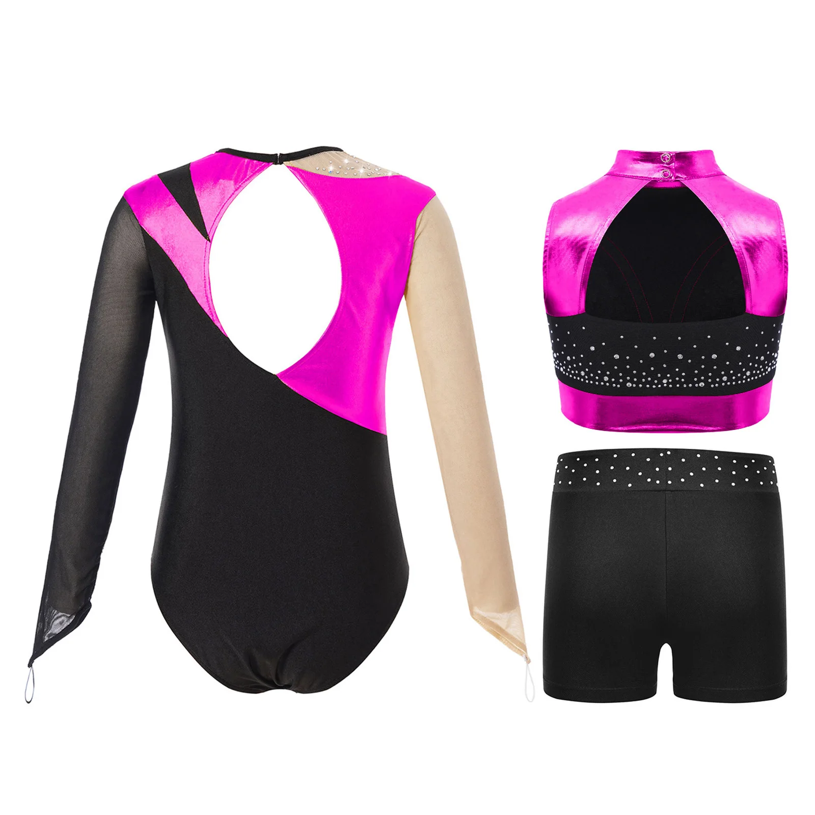 Traje de entrenamiento de gimnasia para niñas, traje de baile de patinaje artístico, Top corto metálico sin mangas con diamantes de imitación, pantalones cortos y leotardo, 3 uds.
