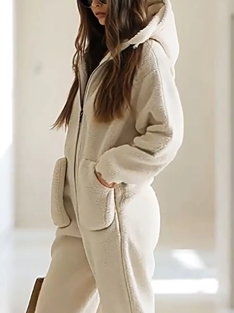 

Casual Hooded Long Sleeved Women's Playsuit Simple Solid Color Pocket Pants Home Wear Rompers Autumn Thick Warm Plush Jumpsuit