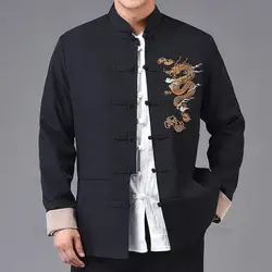 Chinese Style Hanfu Tang Clothes Men Balck Jackets Cotton Embroider Dragon Kong Fu Costume Traditional China Clothing Plus Size