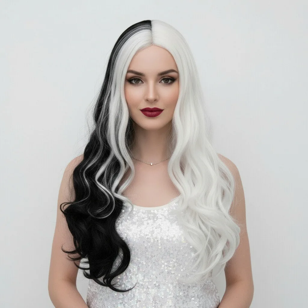 

Женские длинные волнистые черно-белые парики для косплея, синтетическая средняя часть, аниме-вечеринка