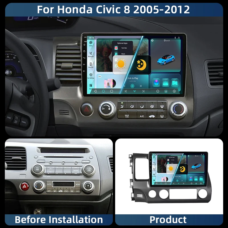 9 "DSP أندرويد 13 راديو ستيريو للسيارة لهوندا سيفيك 8 2005 - 2012 الوسائط المتعددة مشغل فيديو الملاحة GPS 2 Din 4G WiFi الصوت DVD