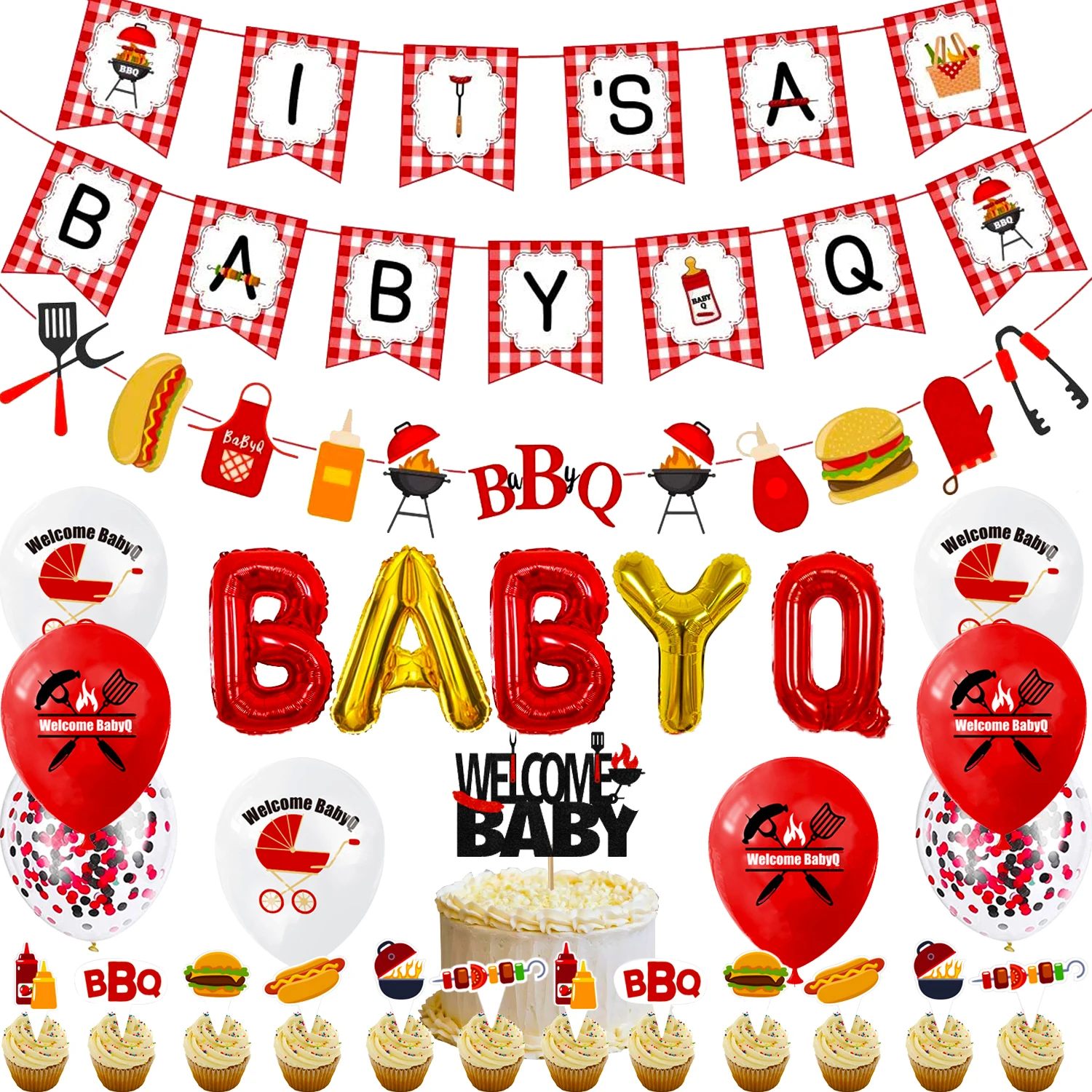 

BBQ Baby Shower Decorations It’s A Baby Q Banner Welcome Baby Cake Topper Baby Q Foil Balloons Picnic Baby Shower Party Supplies