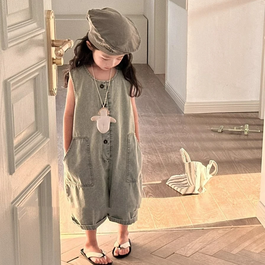 2026 Summer Baby Girl Denim Sleeveless Jumpsuit Korean Retro Style Cute Toddler Girls Fashion One Piece Overalls Outfit