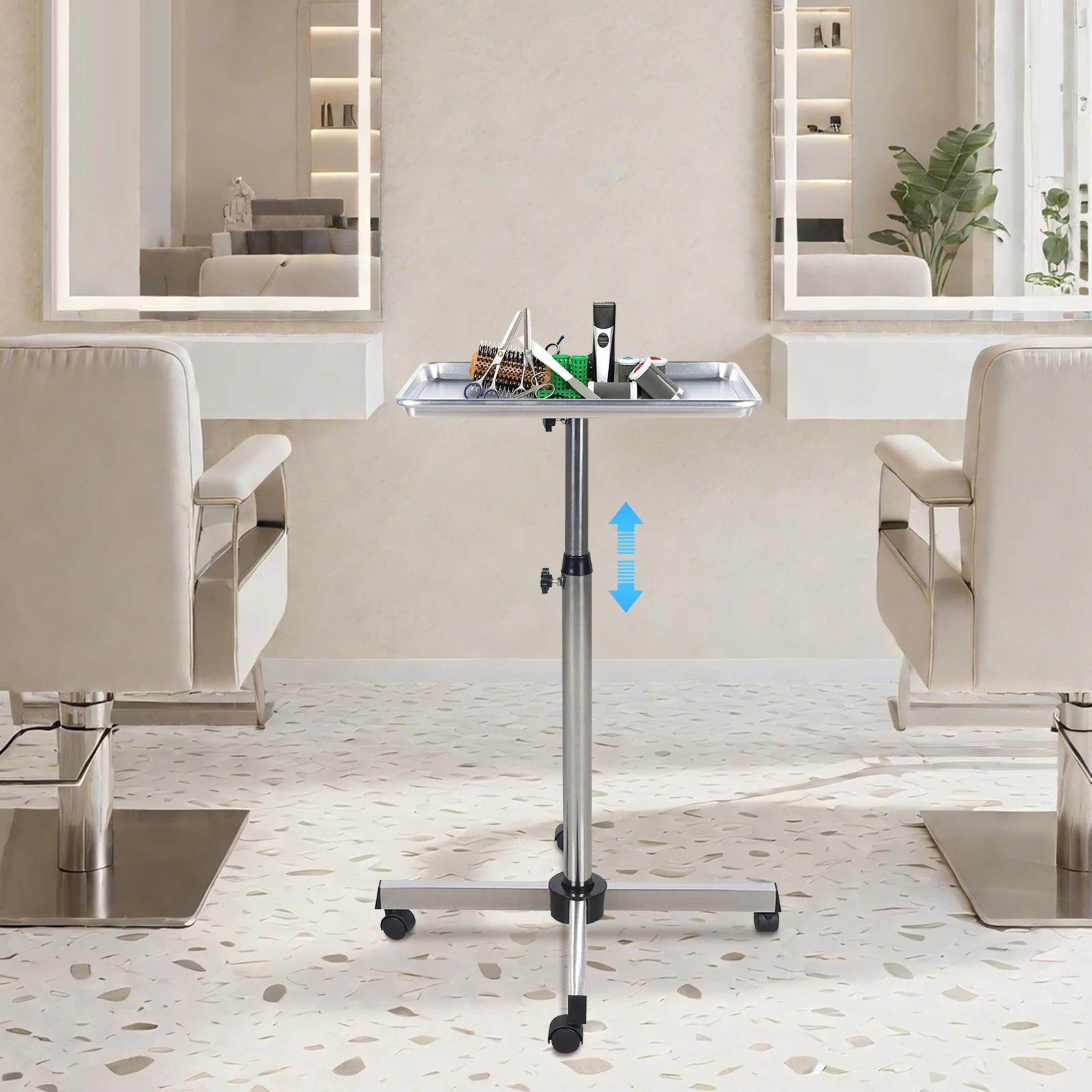 Hair Tool Tray Cart Indoor 70-103cm Height Adjustable Salon Cart with 4 Wheels Silver Mobile Service Trolley for beauty stores, barber stores, spas, homes,studios, clinics
