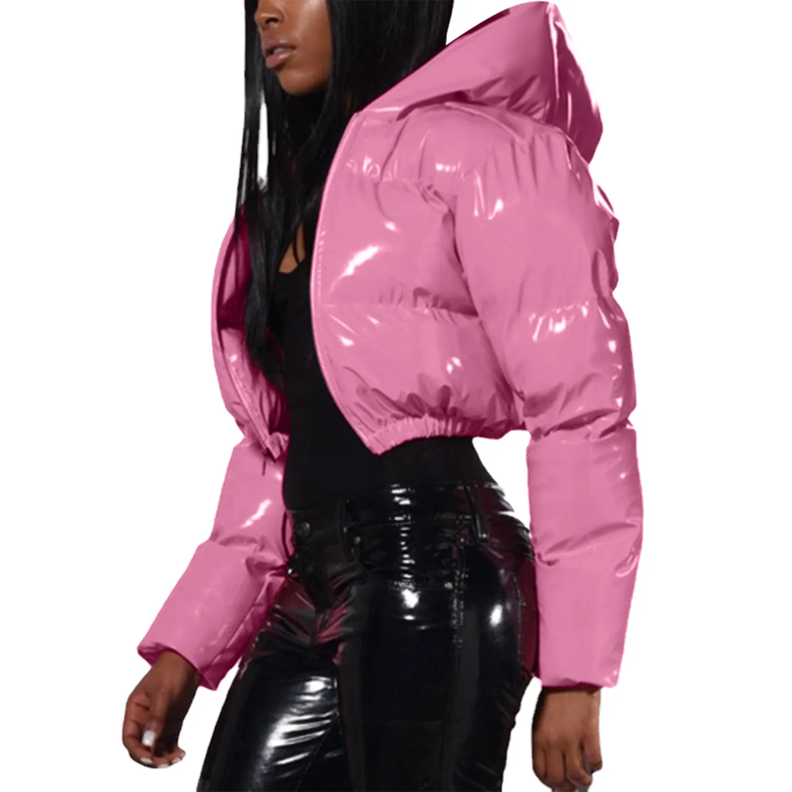 Fashion Cute Women Bright PU Pink Puffer Jacket Winter Warm Bubble Coats Shiny Leather Parkas Down Zipper Cropped Jackets Parkas