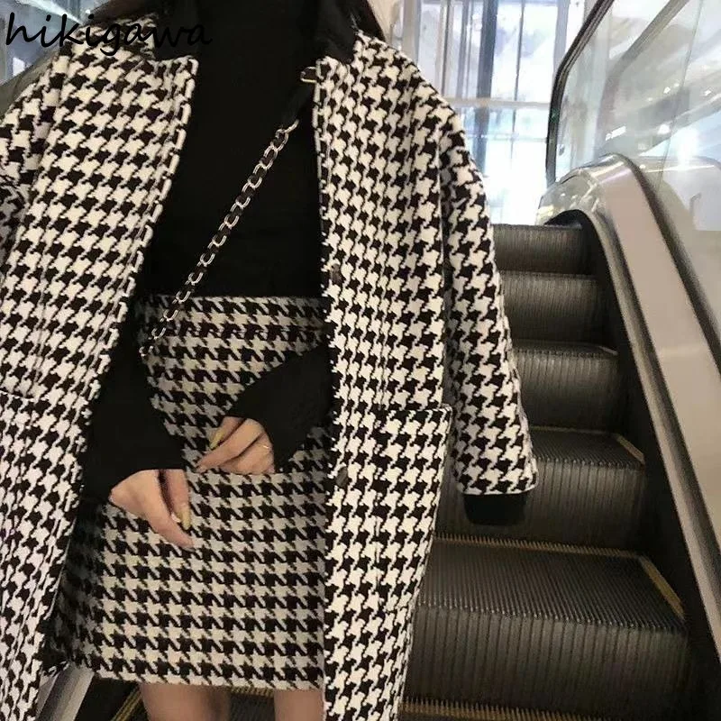 Two Piece Sets Womens Outifits Temperament Skirts Suit O-neck Oversized Jackets High Waist Bodycon Mini Skirt Plaid Vintage Set