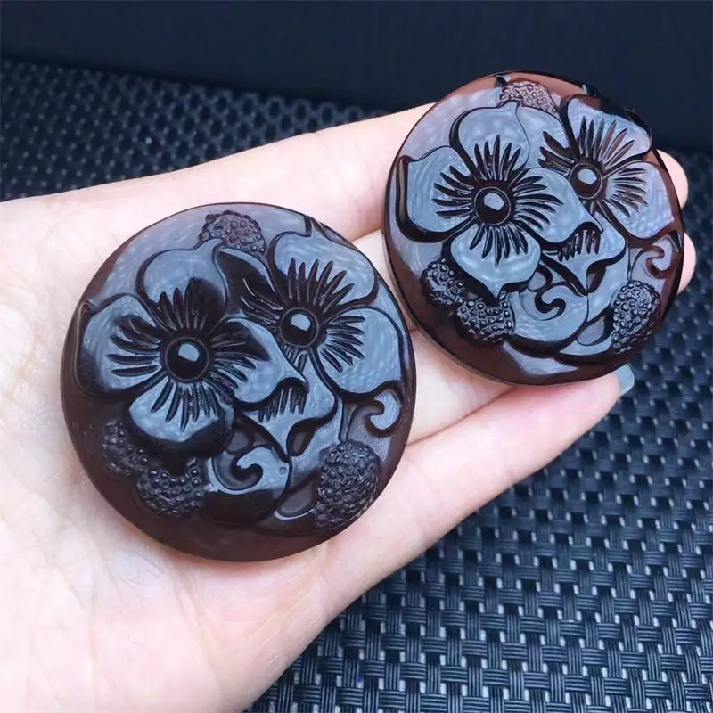 2PCS Natural Clear Obsidian Flower Carving Pendant Reiki Healing Crystal Gemstone DIY Jewelry Accessories 46MM