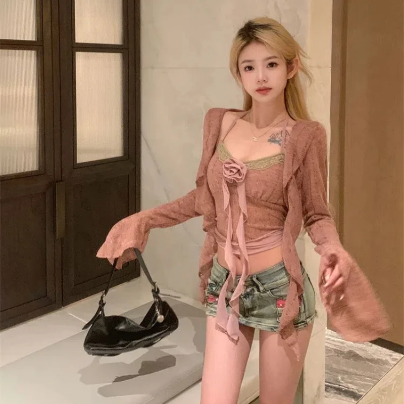 Knitted Vest +coat Women's Designed Floral Slim Spice Girl Fitting Women's Two-piece Set Women's Cardigan Sexy Neck Strap