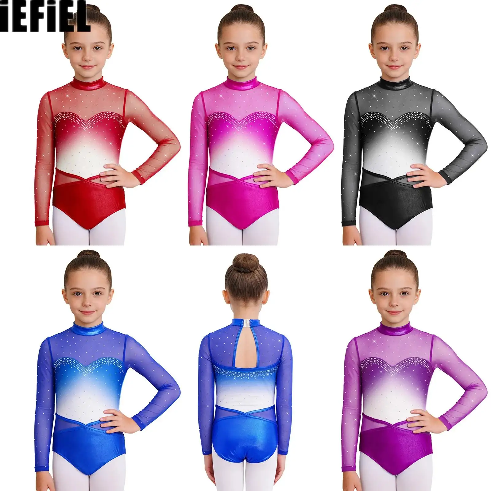 

Kids Girls Patchwork Gymnastics Ballet Leotard Gradient Color Long Sleeve Cutout Back Mesh Sparkling Rhinestones Bodysuit