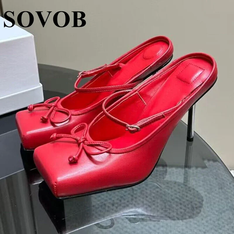 

Genuine Leather Square Toe Slim Heel Slippers Women's Bow Decoration Mule Summer Vintage Elegant Sandals Party Banquet Shoes