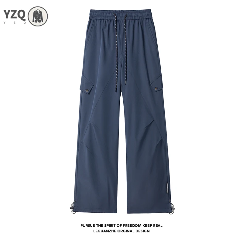 Mens Loose Wide Leg Cargo Pants Drawstring Elastic Waist Multi Functional Pockets For Walking Camping And Daily Relax Outfit