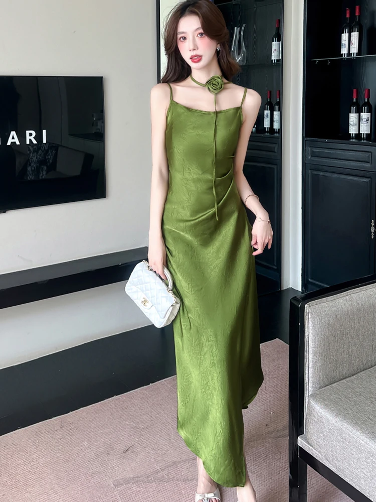 Frauen Grün Jacquard Satin Chic Sling Sexy Langes Kleid Sommer Elegante Casual Urlaub Kleid 2025, Koreanische Mode, Figurbetontes Abendkleid