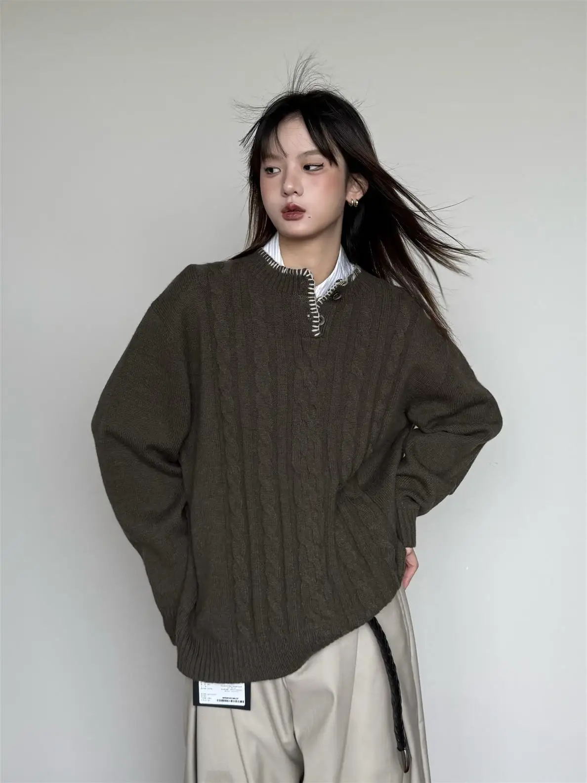 

Retro Lazy Knitwear Sweater Loose Fit Henry Collar ex Autumn New Sle Couple's Casual Wear Polyester Nylon Cotton Blend