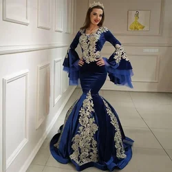 Blue Mermaid sexy bag hip to floor round neck trumpet long sleeve gold applique custom evening gown formal party dance Wedding