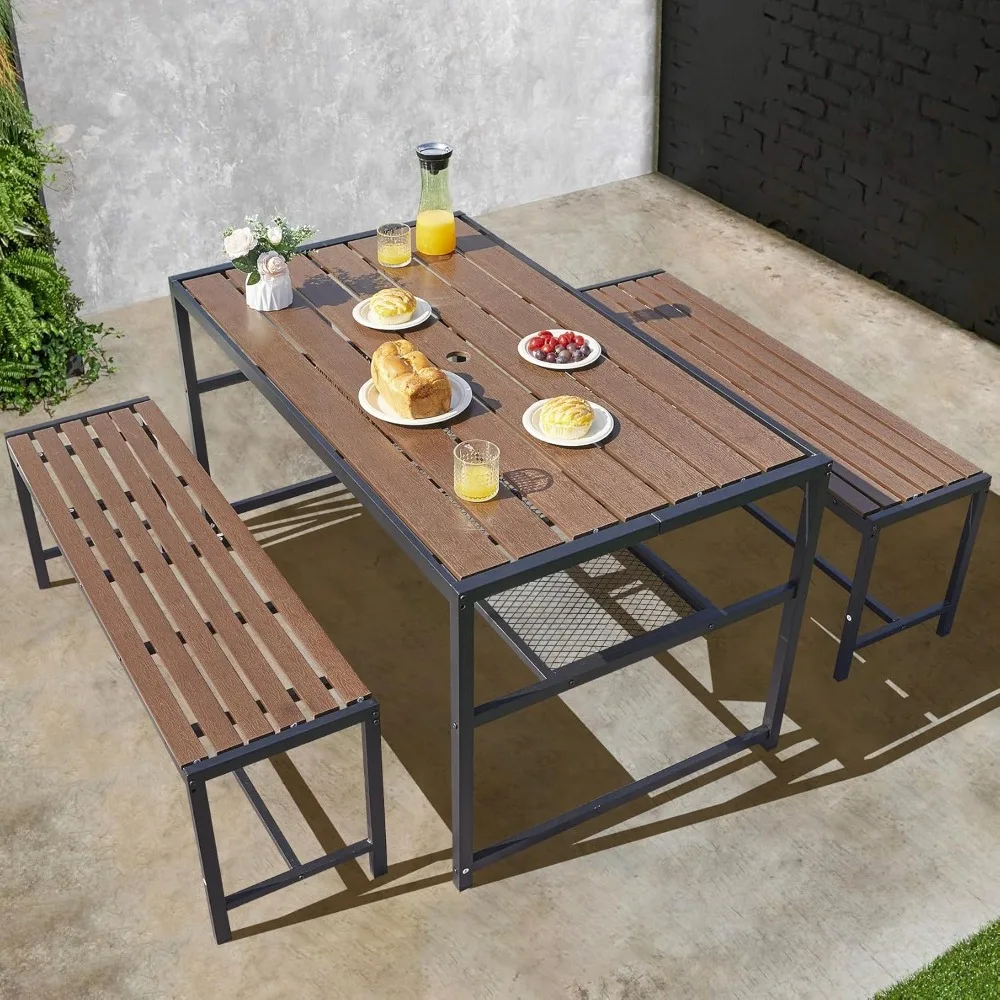 

55'' Outdoor Picnic Table and Bench Set with 2" Umbrella Hole and Storage Shelf, Patio Dining Set for 6 People, Outdoor Dining T