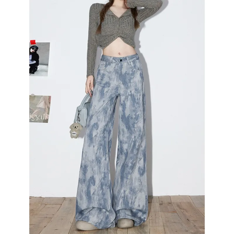 

Autumn Winter Women's Clothing Blue Printed High Waist Flared Jeans For Women Wide Leg Floor Length Slimming Denim Pants Cotton