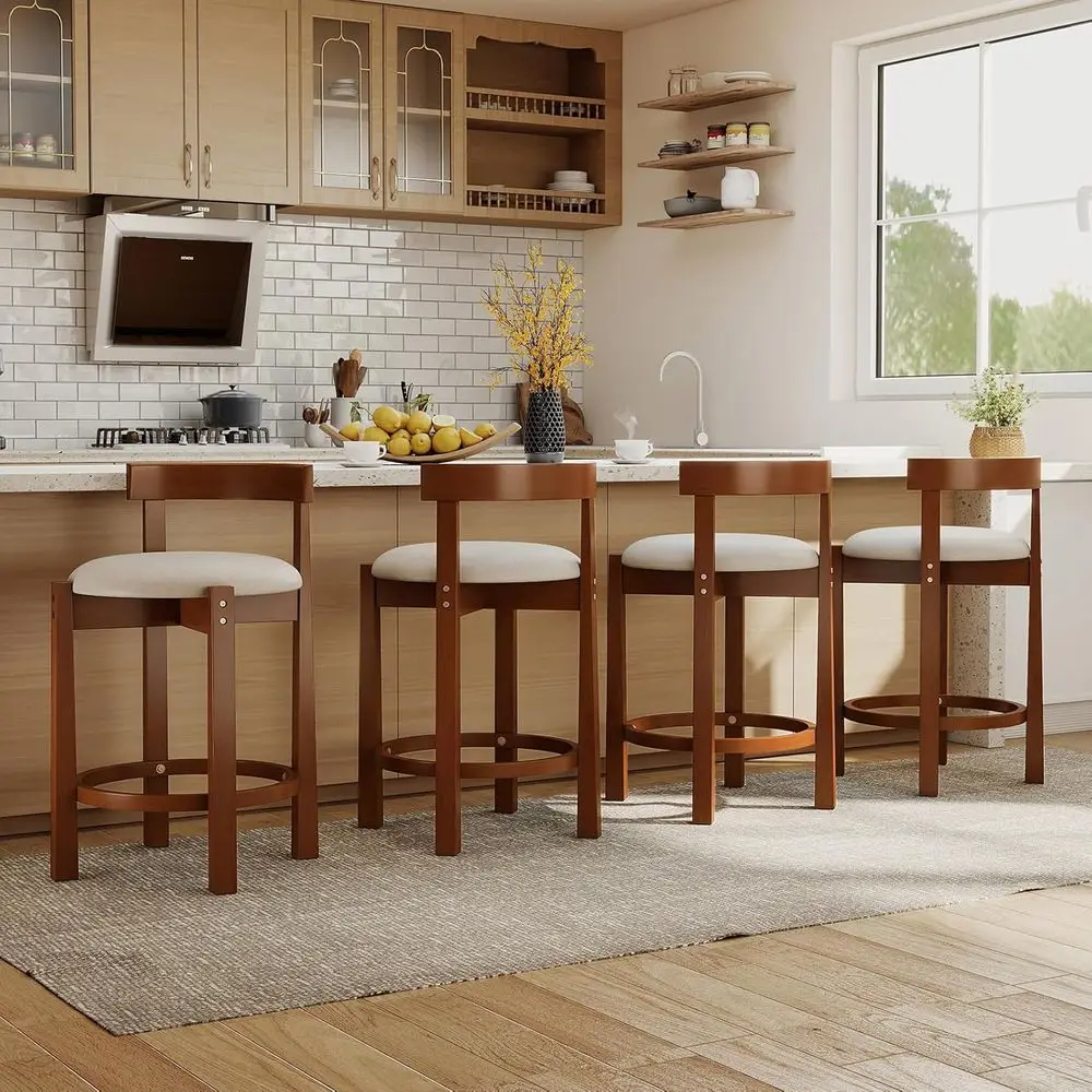 

Set of 4 Upholstered Counter Height Stools with Low Backs, Walnut Wood Legs for Kitchen Island or Dining Room