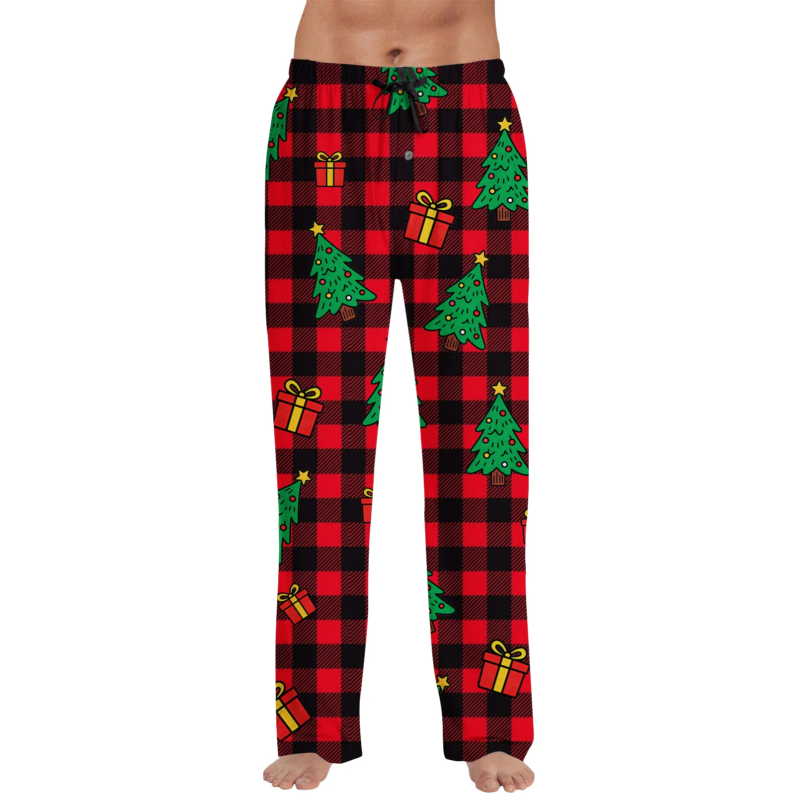 กางเกงนอนลายคริสต์มาสสำหรับผู้ชาย กางเกงลำลองทรงตรงแบบสบายๆ กางเกงขายาวลายสก็อตอุ่นๆ กางเกงนอนใส่พักผ่อน