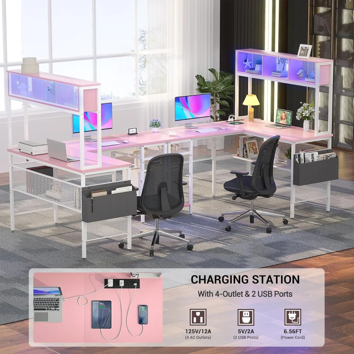 Bureau d'ordinateur en forme de L avec bande LED et prises de courant, bureau d'angle réversible avec étagères de rangement et sac