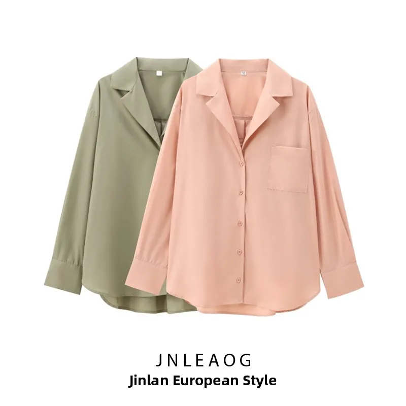 

JNLEAOG Spring New Women's Faion Design Series ket Decorated Silk irt Loose Fit Long Sve Polyester Fiber irt