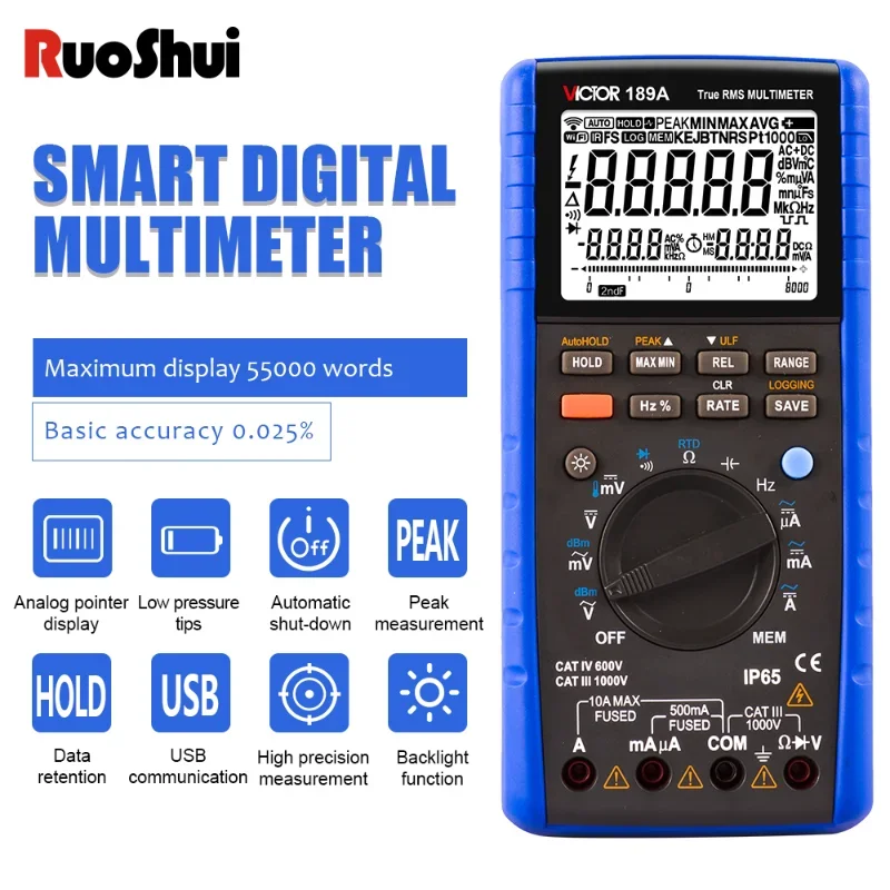 RUOSHUI 189A multimetre 55000 sayımları termokupl TC RTD enstrüman Tester 50KHz True RMS 1000V multimetre PT100 tutamak metre