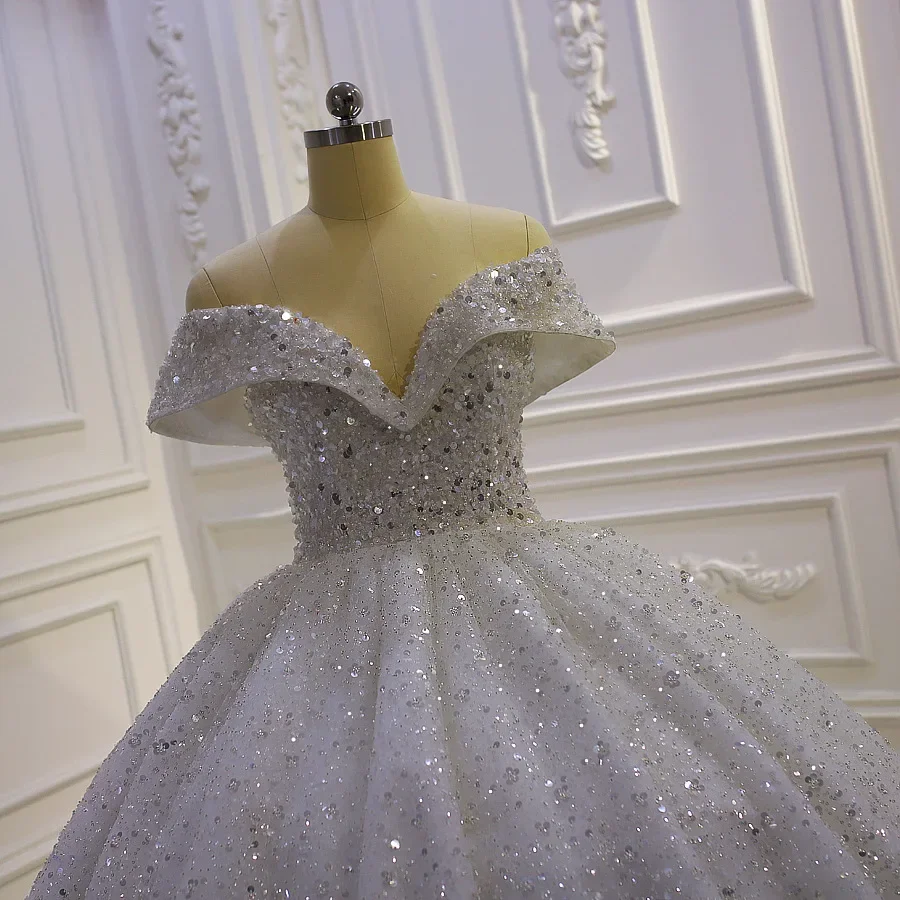 Customized Luxurious Off-Shoulder Ball Gown Wedding Dress With Shiny Beading Custom Made Bridal Gown